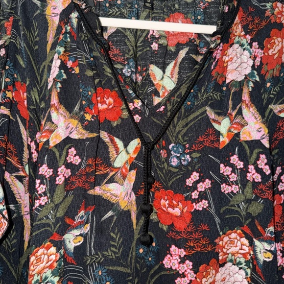 Jessica Simpson Black Floral & Bird Ruffle V-Neck Blouse - Picture 3 of 4